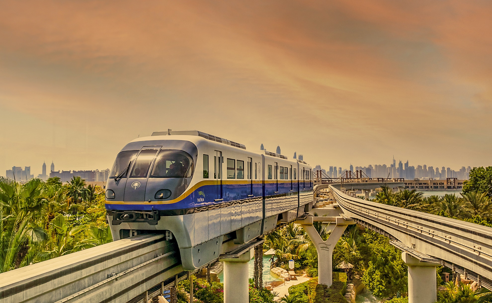 View of Palm Jumeirah Monorail with train from Palm Jumeirah Sta